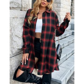 Bozanly Women's Oversized Button Down Long Plaid Flannel Shirts Lapel Long Sleeve Check Jacket Shacket(0501-Red-L)