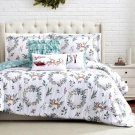 Southshore Fine Living, Inc. Christmas Comforter Set, Queen/Full Size 6-Piece Christmas Bedding Set w/Shams & Throw Pillows; Reversible Happy Holidays Snowflake Print Over Christmas Trees & Reindeer