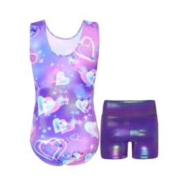 Nokecina Leotard for Girls Gymnastics Size 7-8 Years Old Purple Heart Gym Leos Matching Short Shiny Activewear