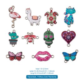 Cheriswelry 110 Pieces Printed Alloy Enamel Links Cat Butterfly Heart Skull Head Shape Connectors Dangle Charms for Jewellery Bracelet Making 2-Hole, Plastic Platinum Metal