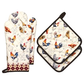Arquiel Roosters Oven Mitts and Pot Holders Sets 4Pcs, 100% Cotton Heat Resistant, Extra Long Oven Gloves Potholder for Kitchen Cooking Baking Decoration