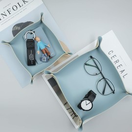 POTTIIS 2 Size Leather Valet Tray Organizer, Folding Travel Organizer,Jewelry Tray, For Travel, Home Or Office | Plain Weave, Double Complexion - Blue & Green