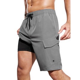 SILKWORLD Men's Swim Trunks with Compression Liner Cargo Pockets Swimming Shorts 9 in Bathing Suits for Beach, Pool, Vacations, Dark Grey, Large