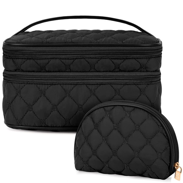 NUBILY Cosmetic Bag Women's Make Up Bag Double Layer Toiletry Bag Large Waterproof Toiletry Bag Travel Makeup Bag Girls 2 Pieces Black, black