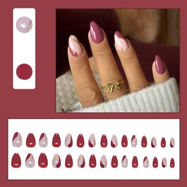 30 Pcs Spring Press on Nails Short Almond - MINGCHUN Extra Short Fake Nails Press ons Acrylic Nail Art Tip Kit French Simple Lines Design Full Cover Bean Paste Red False Nails Glue on Nails for Women