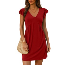 Dokotoo Summer Sun Dresses for Women 2025 Casual V Neck Fashion Vacation Beach Mini Dress Womens Dresses Spring Cute Sundresses Cruise Outfits Dress Racing Red Medium