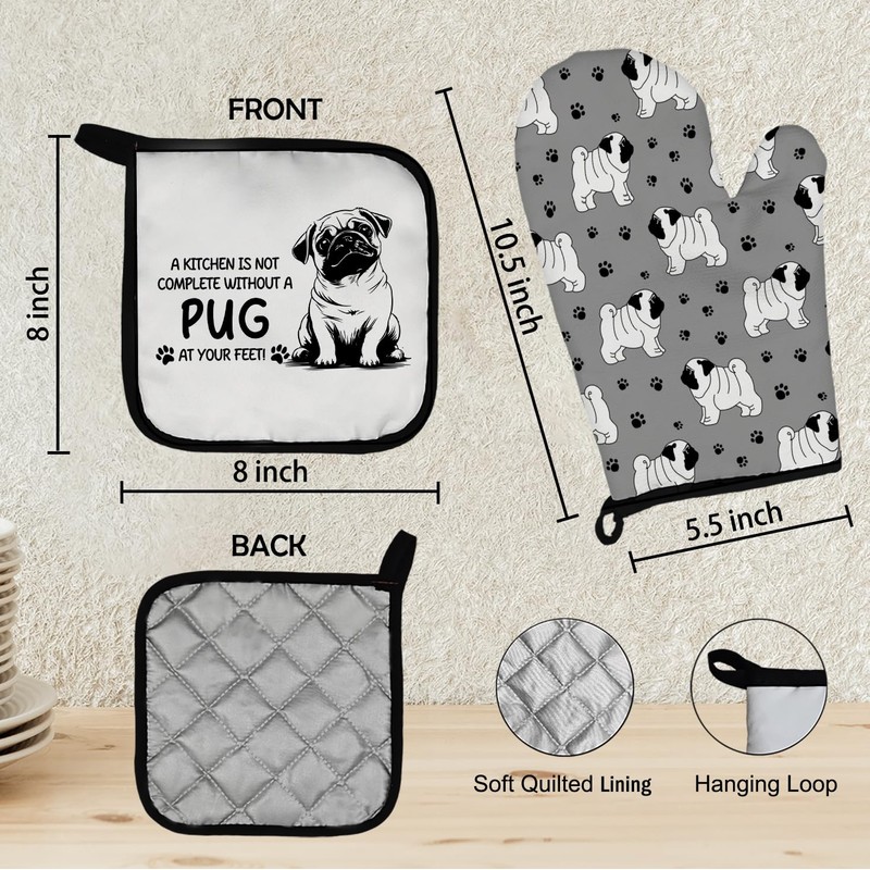 Mingnei Pug Dog Oven Mitts and Pot Holders Sets, Pug