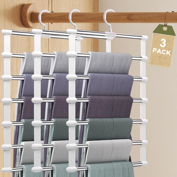 Trouser Hangers, Space-Saving, Pack of 3, 6 Tiers, Foldable Non-Slip