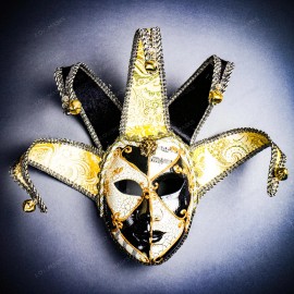ILOVEMASKS Jester Joker Venetian Masquerade Full Face Mask with Bells - Black White