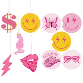 5 Pcs Pink Preppy Boho Car Air Freshener Hanging Car Diffuser Ornaments with 5 Pcs Aesthetic Car Coasters Smile Leopard Coasters with Cork Base for Auto Accessories Decor