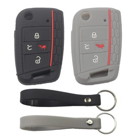 kcpros 2Pcs Rubber Silicone 4 Buttons Flip Smart Key Fob Cover Case Protector Keyless with Keychain Compatible with Volkswagen VW Atlas GTI Tiguan Golf Jetta Black Gray