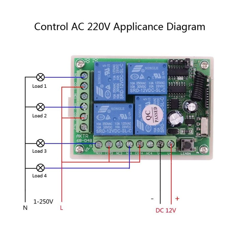 DC 12V 10A Relay Remote Control Switch, 433Mhz 4 CH
