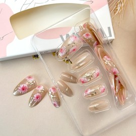 30Pcs Pink Flower Press on Nails Medium Almond Fake Nails with Gilding Branch Design 3D Full Cover Artificial Glue on Nails Spring Summer False Nails Cute Stick on Nails Handmade Nail Kit for Women