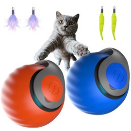 Kalaxy47 Interactive Cat Ball for Indoor Cats - Dual-Speed Automatic Rolling Ball Toy with 90Min Run Time, 2 Plush + 2 Feather Tails, Energetic Cat Chase Exercise, 2-Pack Blue and Orange