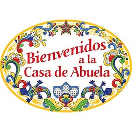 "Bienvenidos a La Casa de Abuela" Traditional Artwork Spanish Sign Welcome to the Home of Grandma Regalo Gift 11x8 inches Ceramic Front Door Sign with Cactus & Yellow Motif by E.H.G.
