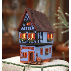Midene Ceramic Miniature Historic Village House in Riquewihr, Alsace, Natural Clay Tealight Candle Holder Room Decor Handmade Collectible French House