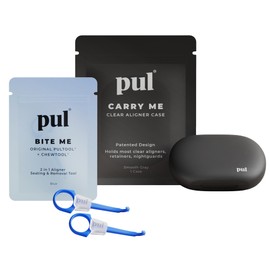 PUL Aligner Care Convenience Kit – Case + 2-in-1 Tool for Invisalign, Retainers, Partial Dentures, Mouth & Night Guards & More – Gray Case & 2-Pack of Blue Aligner Seating Chewie & Removal Tool