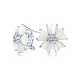 Romantic Mother of Pearl CZ Jade Gemstone Button Style Heart-Shaped Petal Clip On Earrings or Pierced with Omega Clip for Women Gold & Silver Plated, Brass, Cats Eye