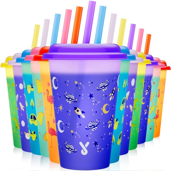 Meoky Color Changing Cups with Lids and Straws - 12 Pack 12 oz Plastic Tumblers with Lids and Straws Bulk, Kids Cups with Straws and Lids for Girls Boys Party Smoothie, Reusable Cute Cups (Childhood)