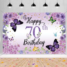 70. Geburtstag Deko Frau, Happy 70th Birthday Banner Blumen Stoff Schild Plakat Türdekoration, 70. Geburtstag Hintergrund Banner, Geburtstagsfeier Willkommensschild, Lila