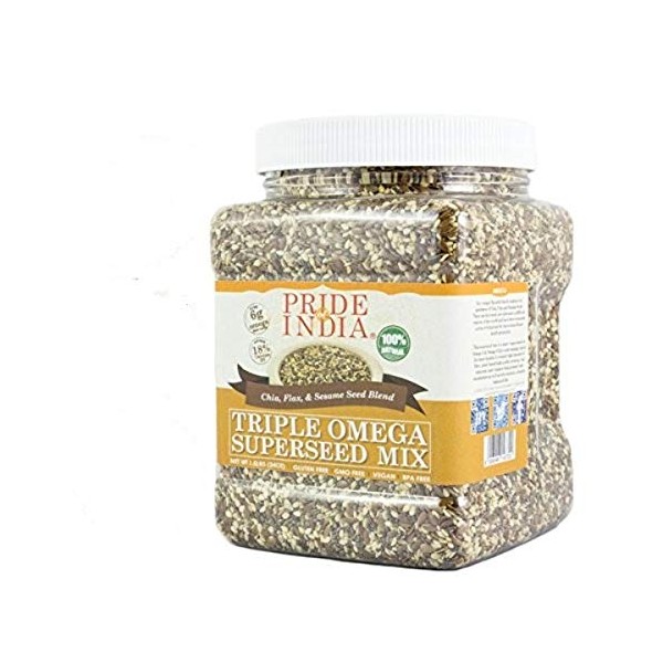 Pride Of India - Triple Omega Superseed Mix - Protein, Fiber, Calcium, Iron, Omega-3, Omega-6, & Thiamin Rich Superfood w/ Chia Flax & Sesame Seeds, 1.4 Pound (22oz) Jar