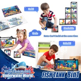 AKWME 8 in 1 Fish Tank Building Sets, Marine Aquarium Building Block with LED Light Party Favors 9 Model Toy Including Octopus Crab, Christmas Birthday Gifts for Boys Girls Kids Ages 6 8 10 12+