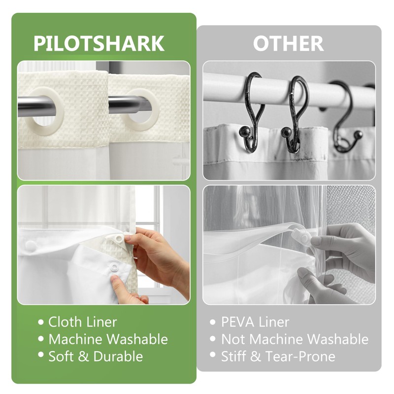 PILOTSHARK No Hook Waffle Weave Shower Curtain Set with Snap-in