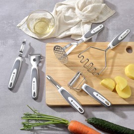 Stainless Steel Potato Masher & Peeler Set (6PCS Set - Gray) - Includes Potato Masher, Wire Masher, Multi-purpose Peelers, Comfortable Grip Design For Kitchen, Free Silicone Brush and Oven Mitt