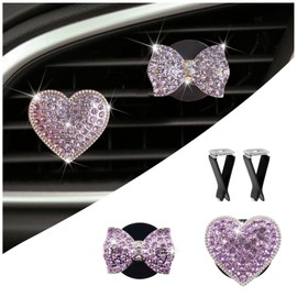 2PCS Bling Car Vent Clips with Bow Tie & Heart Design,Stylish Car Air Vent Clips with Rhinestones for Cars Decorations,Universal Vehicle Accessories Cars Clip for Vents (Purple)