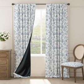 jinchan Blackout Floral Curtains for Bedroom, 96 Inches Long Curtains with Printed Flower Black Out Curtains, Rod Pocket Back Tab Blue Window Curtain Set Living Room Drapes, 2 Panels Blue