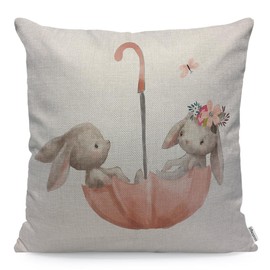 WONDERTIFY Hares Cushion Cover Watercolor Cute Animal Flower Bunny Couple Rabbit Love Butterfly Umbrella Throw Pillow Covers Cushion Case For Couch Home Decor 45X45 Cm