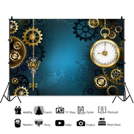 Antique Steampunk Backdrop for Mens Gear Wall Clock Mechanical Steampunk Industrial Photography Backgrounds Vintage Blue Birthday Party Decorations Photo Studio Props Vinyl 7x5ft
