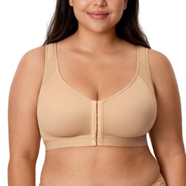 DELIMIRA Women's Front Closure Posture Wireless Back Support Full Coverage Bra Warm Beige 38F