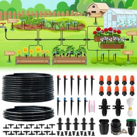 Quibbay 59FT Drip Irrigation System Kit, Garden Watering System with 1/2" 1/4" Tube Hose Adjustable Nozzle Barbed Fittings, Micro Misting Sprinkler System for Plant Lawns Raised Beds Greenhouses