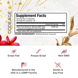 Codeage Codeage Colostrum Supplement, Grass-Fed Colostrum - Prized First Milk - Grass-Finished, Freeze-Dried - Cow Colostrum - Vitamins, Immunoglobulins, Growth Factors - Non-GMO, Gluten-Free - 180 Capsules