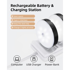 EZVALO Under Cabinet Lighting with Charging Station,1000mAh Rechargeable Puck Lights with Remote, 3 Color Temps & 12 RGB Closet Lights, Dimmable Motion Sensor Lights for Shelf, Kitchen (6 Packs)