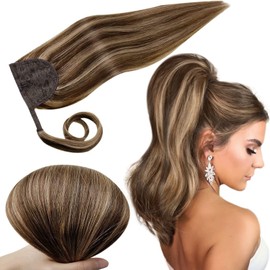 Runature Long Ponytail Extensionl, Real Hair, Dark Brown Highlights, 55cm, Straight Braid Extensions Real Hair Human Hair, 80g, One Piece, Hair Extension Ponytail, #3P12 Highlights, Brown