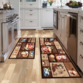 SHUNLCD Vintage Coffee Kitchen Decor Rug 2 Piece Set, Country Farmhouse Style Kitchen Floor Mat, Absorbent and Washable Runner Decorations Rug 17×30+17×47 Inches