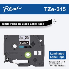 Brother Genuine P-touch TZE-315 Tape, 1/4" (0.23") Wide Standard Laminated Tape, White on Black, Laminated for Indoor or Outdoor Use, Water-Resistant, 0.23" x 26.2' (6mm x 8M), Single-Pack, TZE315