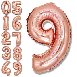 EALIMUN Number Balloons, Large, Approx. 31.5 inches (80 cm), Aluminum Balloons, Birthday Decoration, Rose Gold, 9