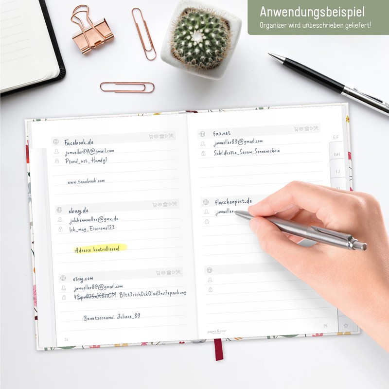 paper&you® Password Book A6+ with Index A-Z "Wild Flower" for