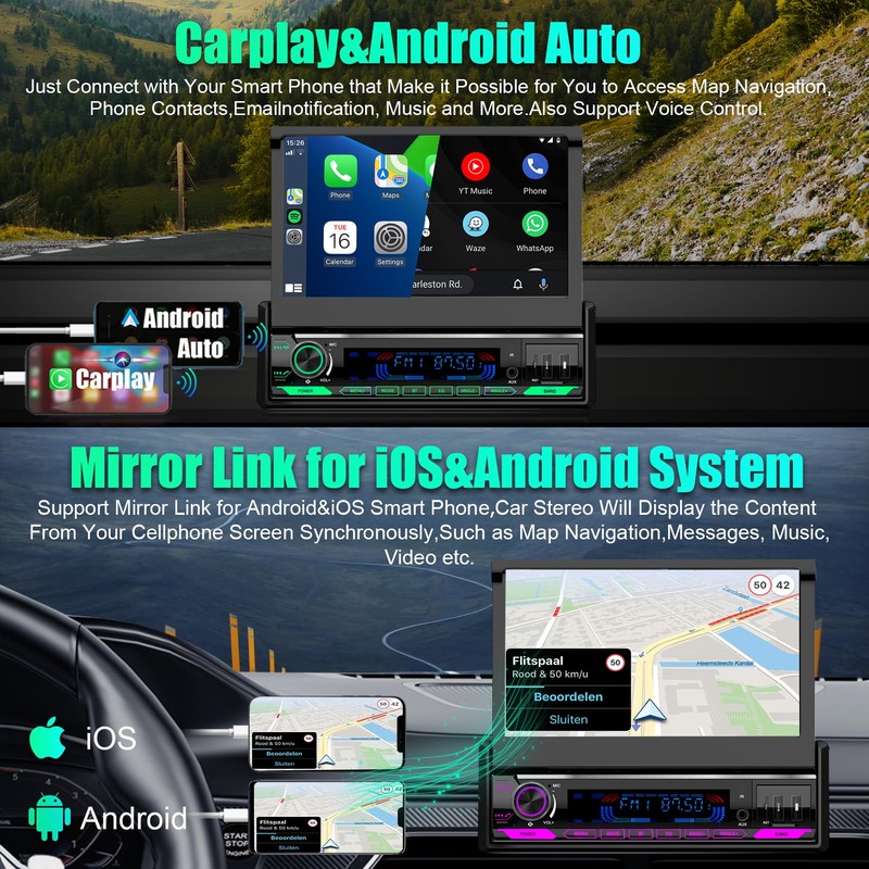 (2025 Motorized) Single Din Apple Carplay Car Stereo with Android
