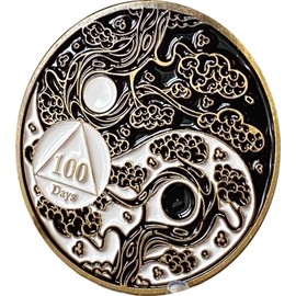RecoveryChip 100 Days AA Medallion Sakura Tree Cherry Blossom Ying Yang Black and White Serenity Prayer Medallion