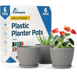 Gray 6-Inch Plant Pots with Drainage & Saucers 6 Pack, Indoor & Outdoor Planters for Houseplants, Herbs, and Flowers, Durable & Weatherproof Material, Stackable, Lightweight, Minimalist Design