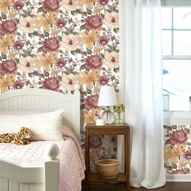 Livebor Floral Peel and Stick Wallpaper Vintage Large Floral Wallpaper 16.9in x 393.7in Multicolor Flower Contact Paper Peony Removable Self Adhesive Wall Paper for Bedroom Bathroom Decorative Vinyl