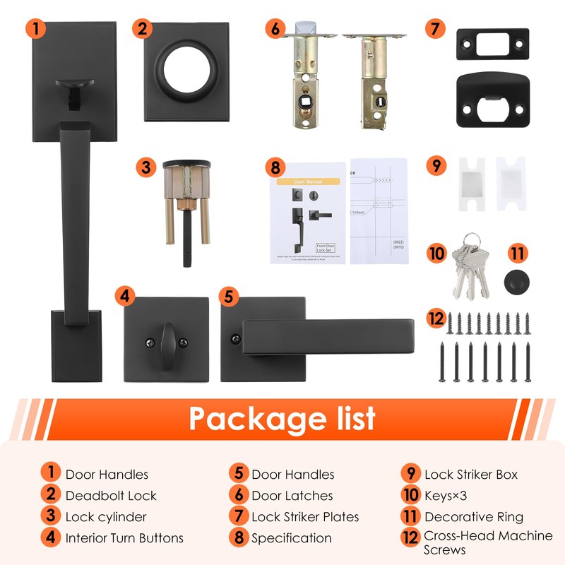 Haidms Black Front Door Handle and Deadbolt Set, Entry Door
