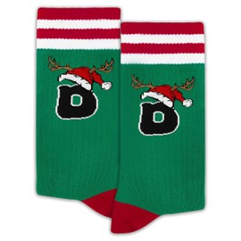 Christmas Funny Initial Socks with Stripes & the Letter ‘D’ in A Cute Caribou Horn Christmas Hat, Christmas Gifts for Family, Friends, Classmates, Christmas Outfits, Christmas Socks. (146)