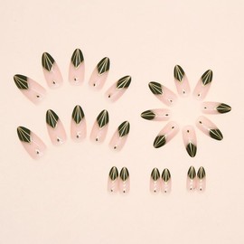 Olive Green French Press on Nails Almond Fake Nails Short Acrylic Glue on Nails with Gold Line Designs Glossy False Nails Full Cover Artificial Stick on Nails for Women 24Pcs