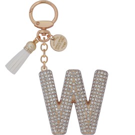 Initial Keychain For Women Letter Keychain A-Z Gift For Girl Cute Bling Rhinestone Tassel Key Chains Charm For Bag Backpack (White Gold, W)