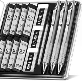 Four Candies Juego de portaminas de 0.7mm con estuche, 3 lápices de metal para artistas con 8 tubos (480 piezas) de minas HB recargables, 3 gomas de borrar, 9 recargas de gomas de borrar para